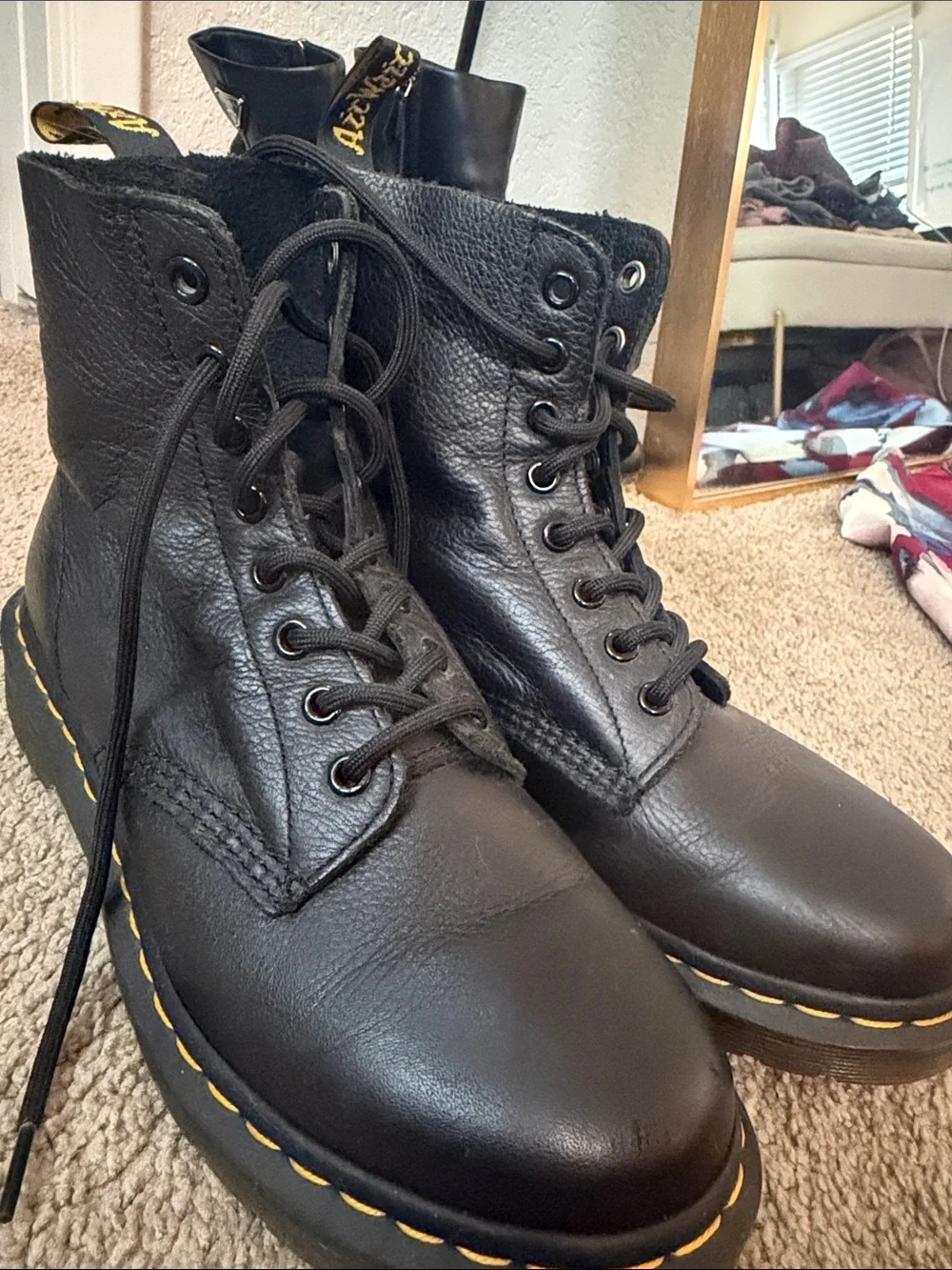 Dr. Martens Black Leather 8-Eye Lace-Up Boots with Yellow Stitching